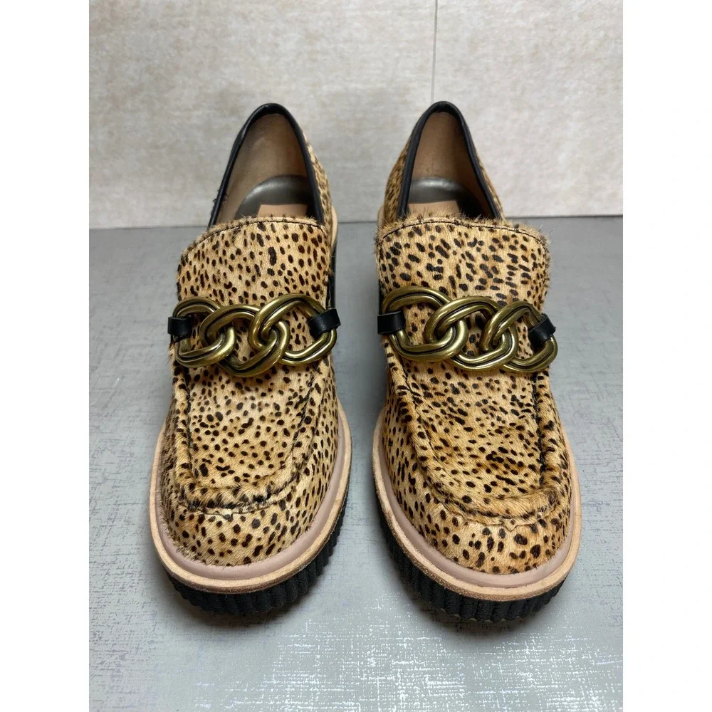 Dolce Vita Brenan Leopard Calf Hair Platform Wedge Loafers Gold Chain Size 8